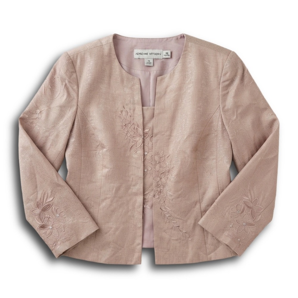 Papell Petites 100% Silk 2 Piece Jacket & Top Set Pink Floral Embroidered 14P